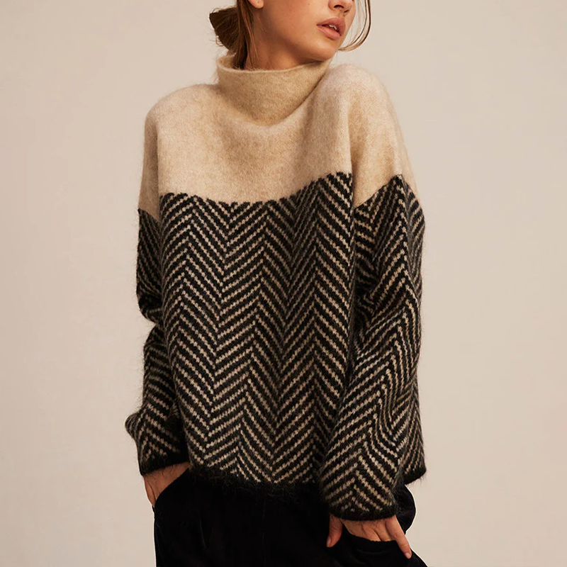 Damski Sweter z Golfem w Jodełkę – Oversized