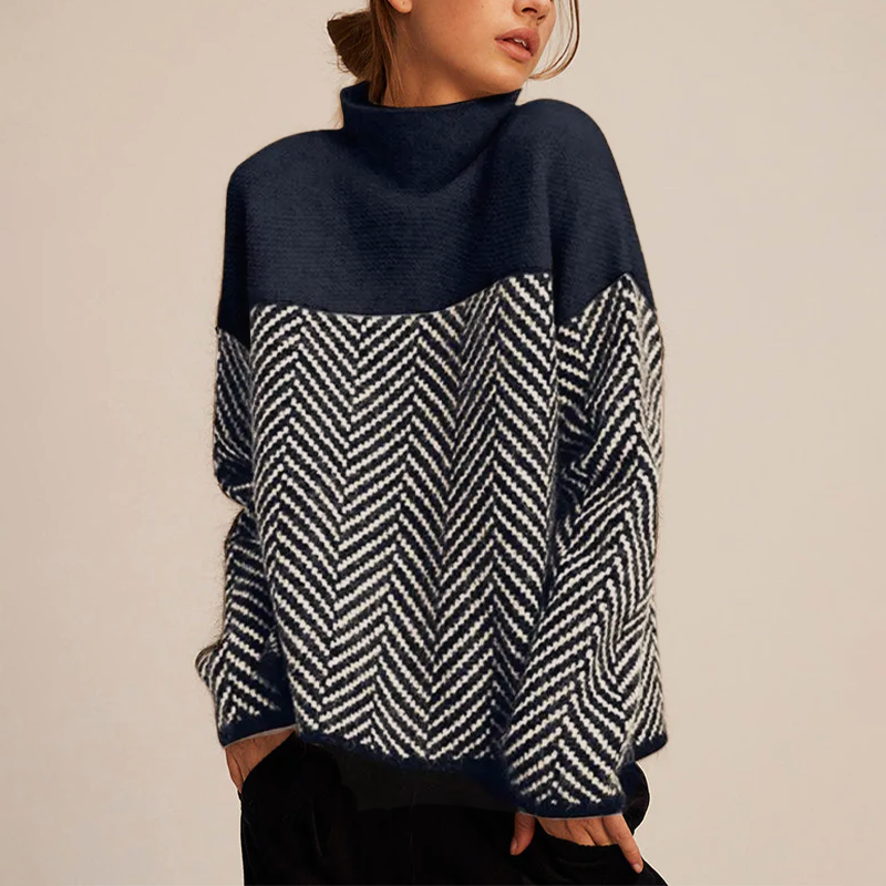 Damski Sweter z Golfem w Jodełkę – Oversized
