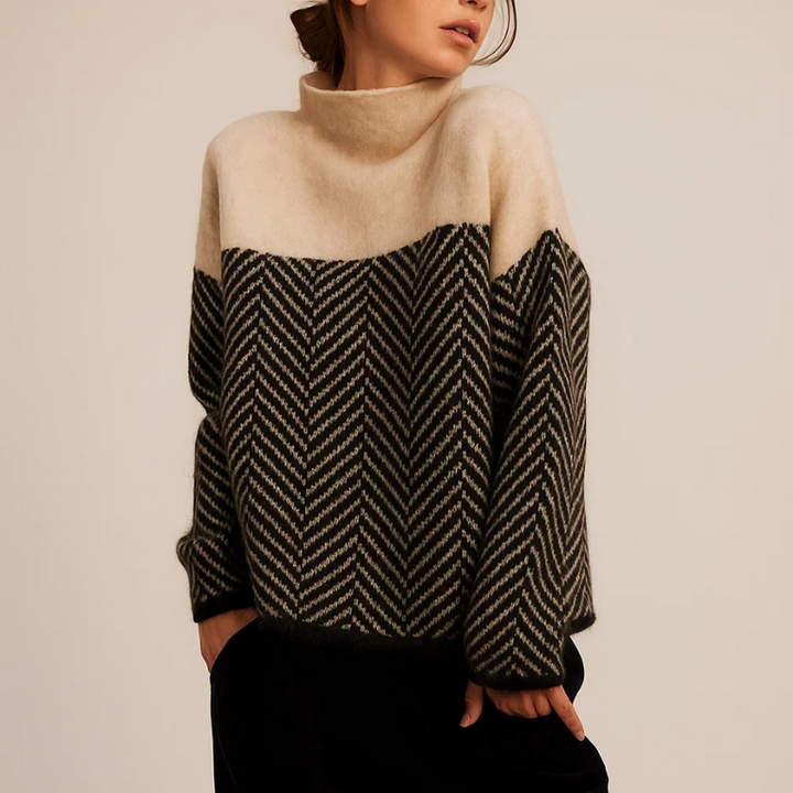 Damski Sweter z Golfem w Jodełkę – Oversized